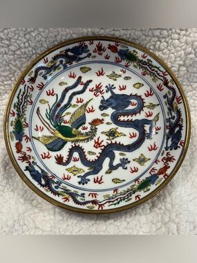 Vintage Hh Japan Hong King Hand Painted Porcelain and Brass Dragon Ashtray Plate